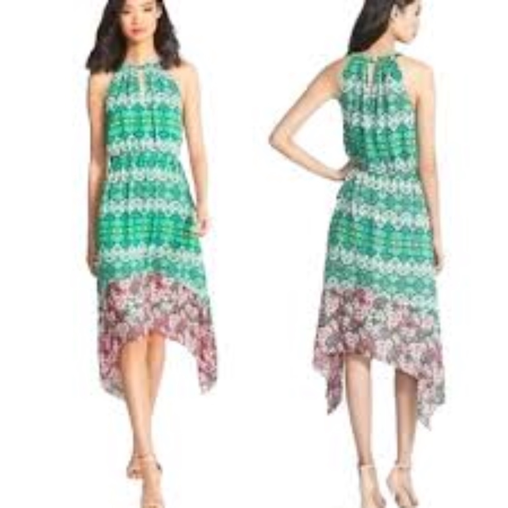 BCBGMAXAZRIA Keelie Floral Print Midi Dress Sleeveless Halter High Low Hem Sz. L